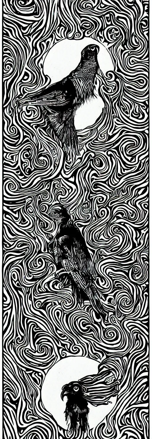 Image similar to psychedelic, monochrome artwork!!, of a single raven and deer combined, in front of an owl that is a window into the ocean, by didier comes, graphic novel art,