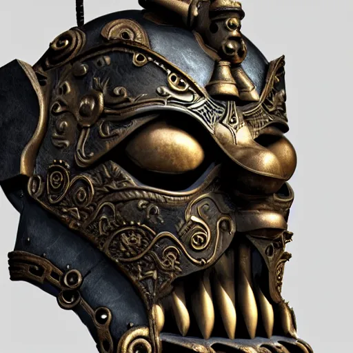 Image similar to an ominous dark ancient mask. hyper - detailed. steampunk baroque. symmetric. epic. unreal render.