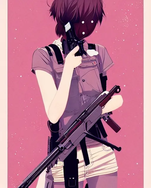 Image similar to girl holding rifle, manga!! detailed manga illustration!! intricate details, aesthetically pleasing pastel colors, poster background, aesthetic details, art by conrad roset and ilya kuvshinov