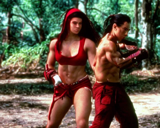 Image similar to a still of full body Elena, of Street Fighter, in the movie Hard Target (1993), HDR, high quality, 8k, highly detailed and intricate,