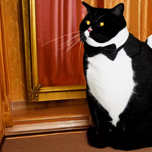 Image similar to photograph of a very fat and judgmental cat wearing a full tuxedo sitting in a dimly lit parlor lounge