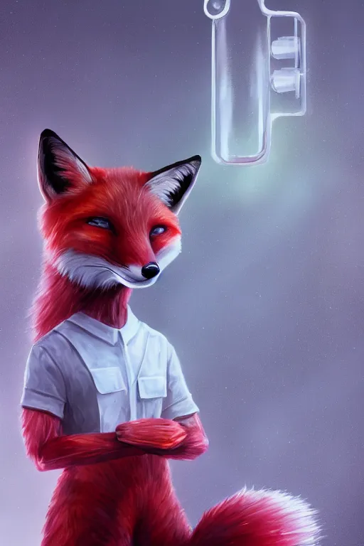 Image similar to a humanoid fox wearing scientist's clothes holding a red chemical, digital painting, masterpiece, digital art, high quality, highly detailed, concept art, trending on deviantart, high coherence, anatomically correct, five fingers, cinematic, high definition, path traced, laboratory background