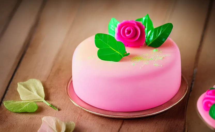 Prompt: A photo of a swedish princess cake from the side on a wooden table, covered with pink marzipan, some powder sugar and a green marzipan leaf in the center. Sunset. 4K. Cinematic lighting. Low detail. Realistic. Delicious.