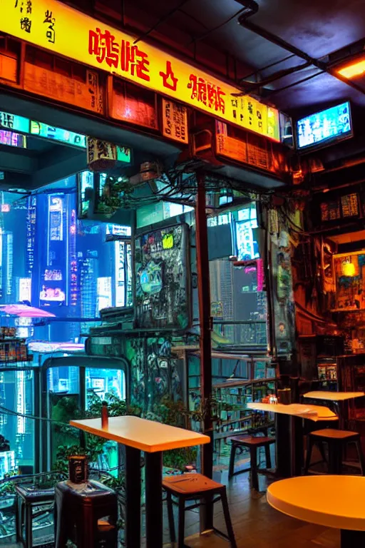 Prompt: full view, from a distance, of cyberpunk cafe in taipei, highly detailed