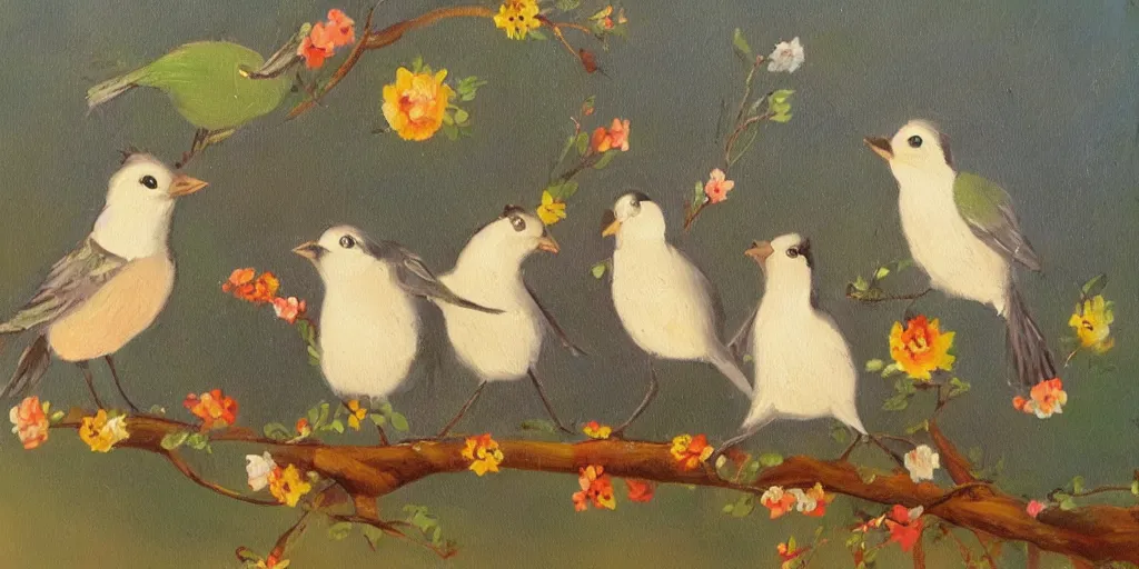 Prompt: musical band of cute birds, oil on canvas, storybook style