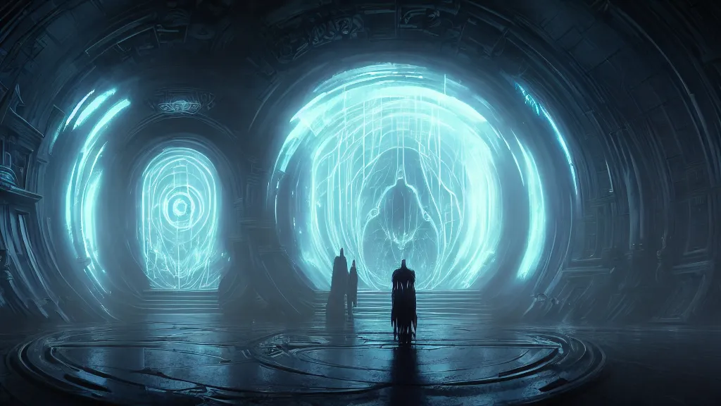 Image similar to portal to the ethereal realm, centered symmetrical composition, intricate concept art, ethereal, ominous, mysterious, enchanted, magic, misty, amazing depth, dramatic lighting, illuminated lines, outrun, vaporware, illuminated runes, cyberpunk darksynth, dark background, 8 k, octane render, by james paick and stephan martiniere and alphonse mucha