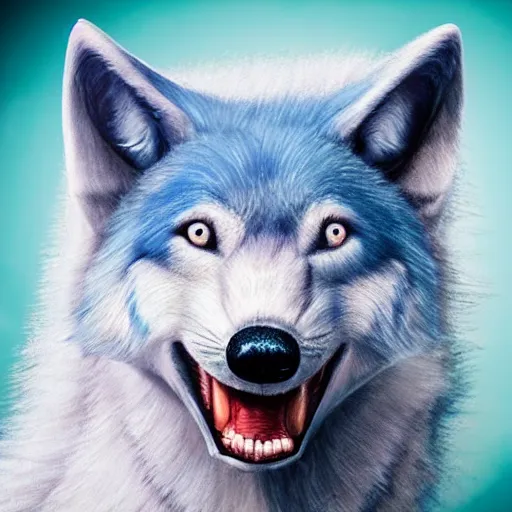 Image similar to pale blue wolf, pale green handkerchief, dark blue hair, dark blue spots, black nose, happy smile having fun, beige ears, beige mane, hyperrealistic, photo realistic, realistic, beautiful white lighting, in the middle of the day, hyperdetailed, very detailed, excellent composition