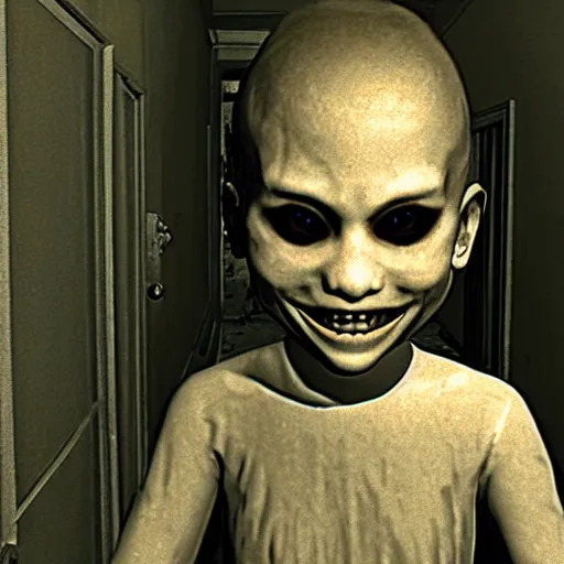 Image similar to humanoid ghost with an unnatural smile in re 7, it has huge eyes and is staring at the camera from the end of a dark hallway. caught on vhs, film grain,