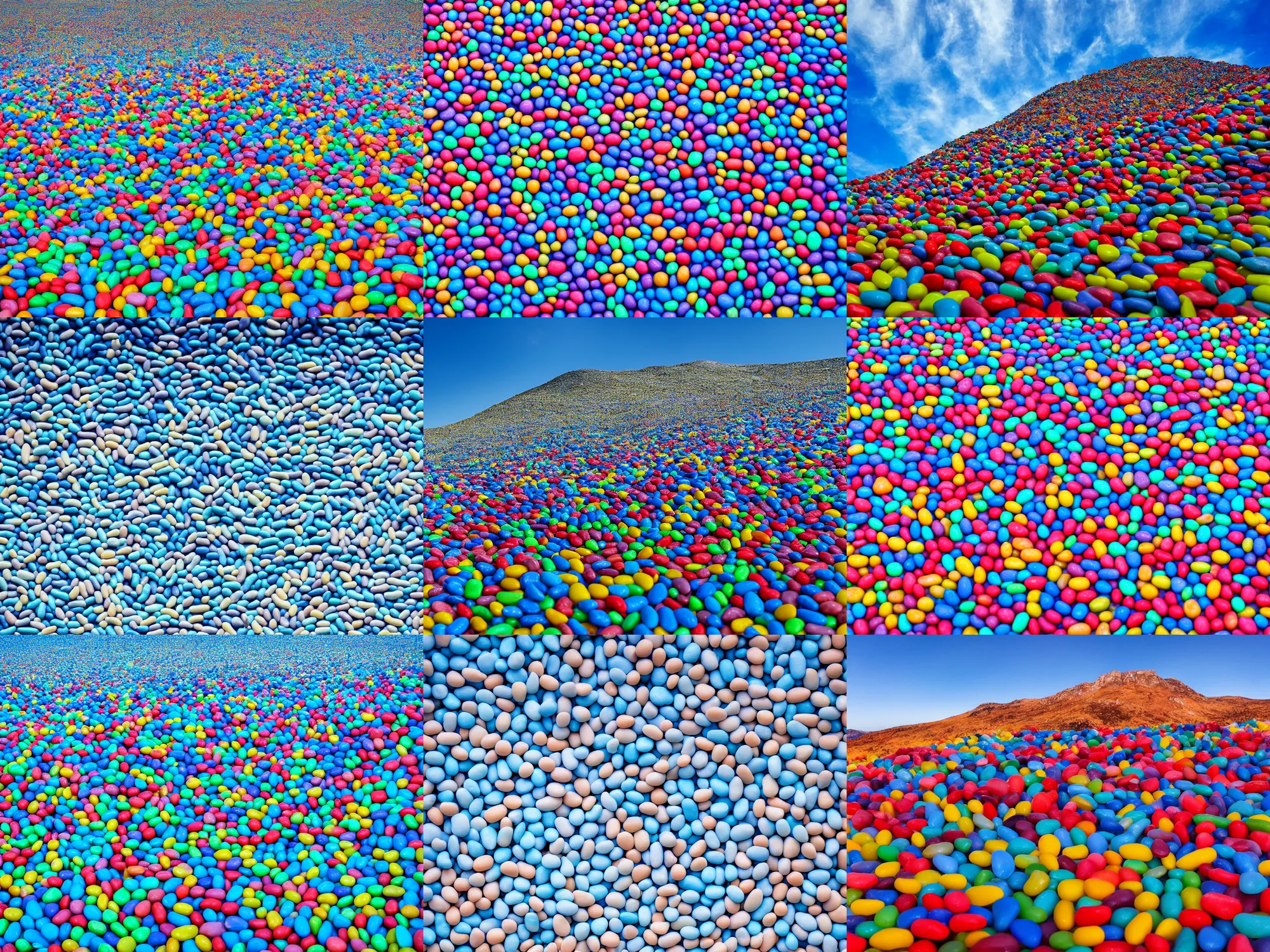 Prompt: landscape photography of a mountain of jelly beans. surreal. blue sky.