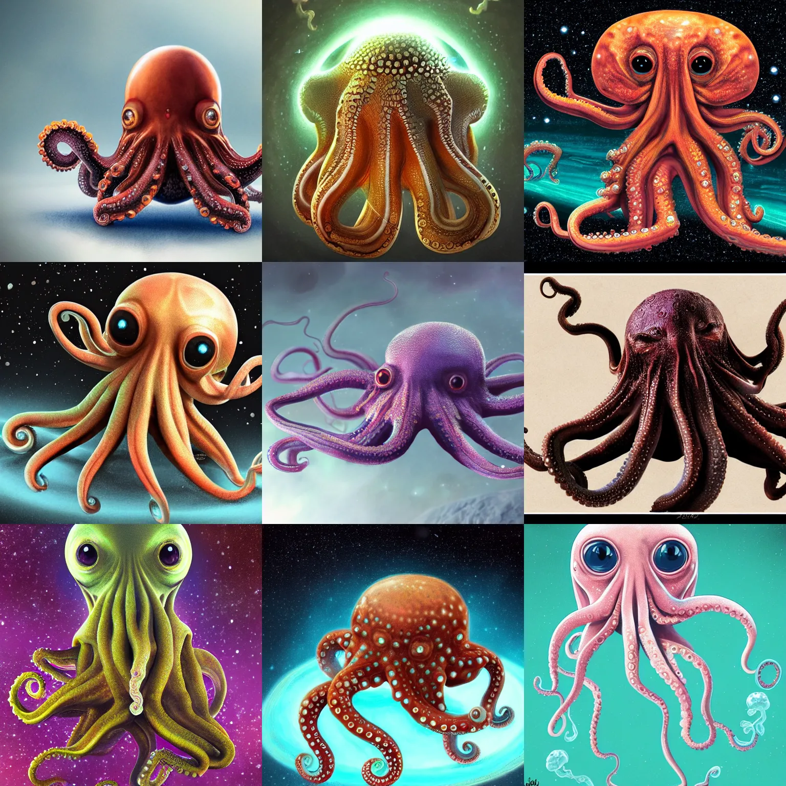 Image similar to a very cute small galactic baby alien octopus sitting, photorealistic digital art, hyper detailed