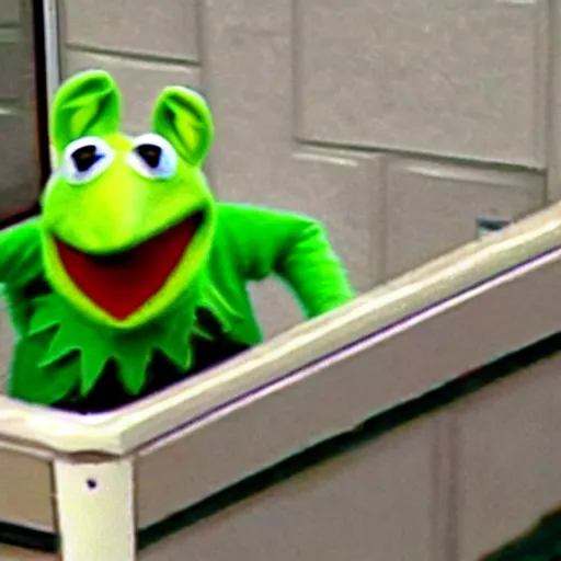 Prompt: CCTV footage of kermit robbing a store