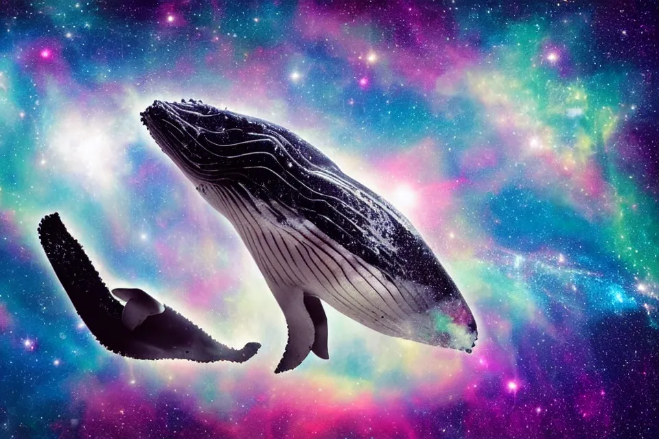 Image similar to a beautiful humpback whale made of stardust swimming through a colorful nebula in space while an astronaut watches from afar