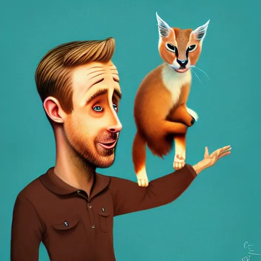 Image similar to Portrait of Ryan Gosling holding cute caracal in hands, Funny cartoonish by Gediminas Pranckevicius