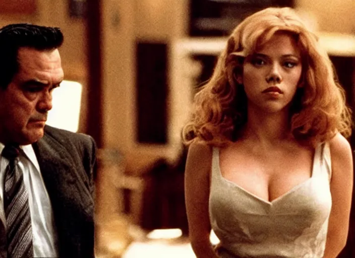 Image similar to movie still of scarlett johannson with a very big bust in goodfellas, directed by martin scorsese