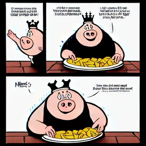 Image similar to comic art of a obese pig in a black tshirt wearing a crown eating snacks, drawn by Bruce MacKinnon, vivid color, cgsociety 4K