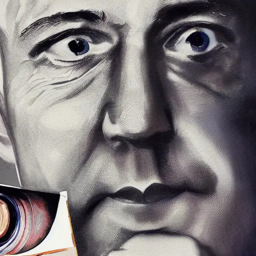 Image similar to jeff bezos, portrait, camera lenses for eyes, cameras watching, painting