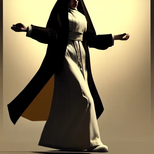 Image similar to imposing and relaxed cyberpunk nun gangster, white duster coat, with dramatic volumetric god rays by john singer sargent, syd mead, craig mullins, finnian macmanus, sung choi, ruan jia. cinematic keyframe concept art on artstation