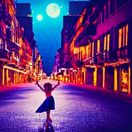 Prompt: princess dancing in the street during the night with a blue and red moon shining on the city, blue and warm lights, radiant light