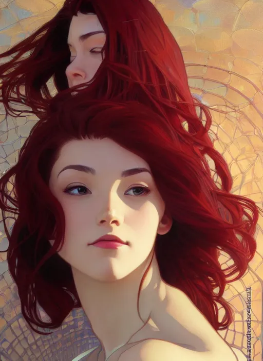 Prompt: pretty young woman with shoulder length shiny shimmering dark red hair and wearing leather high - tech suit, path traced, highly detailed, high quality, digital painting, by studio ghibli and alphonse mucha, leesha hannigan, makoto shinkai, disney