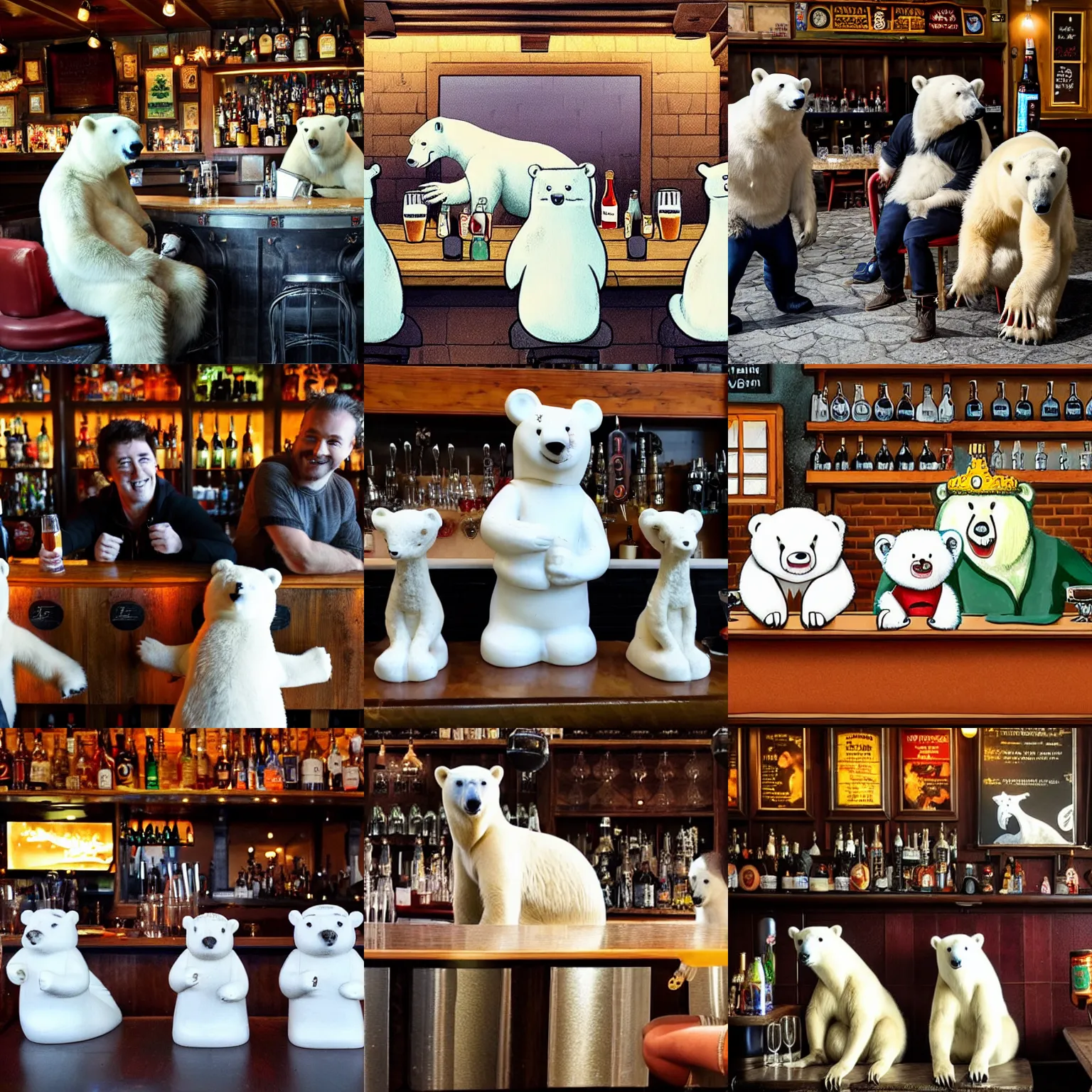 Prompt: a polar bear, a dragon and a goose are sitting in a bar having a pint