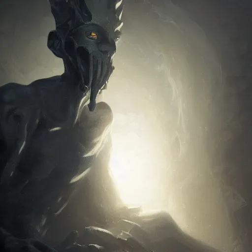 Image similar to nyarlathotep, dramatic lighting, chiaroscuro, high detail, painted by greg rutkowski, painted by igor kieryluk, painted by bobby chiu, trending on artstation