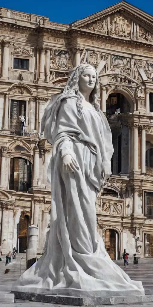 Image similar to A marble sculpture of The Mona Lisa in the middle of an empty Italian piazza, midday, 4k photograph, sunny day, low angle