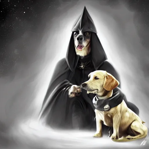 Image similar to the dark Lord petting his dog, Digital art,