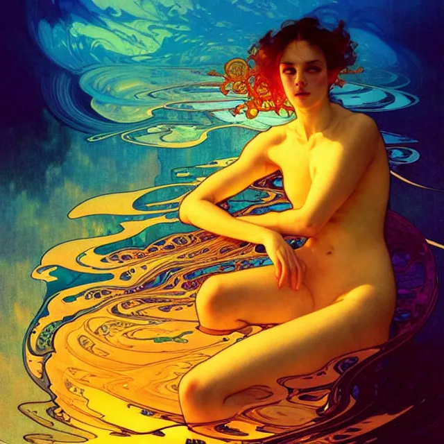 Image similar to mind bending indigo ocean waves of glossy psychedelic liquid honey drops flowing like kaleidoscopic translucent amber, lsd waves ripples, crystal clear, backlit, sunset, refracted lighting, art by collier, albert aublet, krenz cushart, artem demura, alphonse mucha