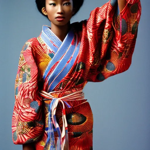 Prompt: beautiful african - asian model, wearing a kimono. zeiss 1 5 0 mm f 2. 8 hasselblad, 1 9 8 0 s