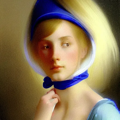 Prompt: a young woman's face, her hair is golden white and she wears an cobalt blue satin cloak, by ivan aivazovsky and syd mead and moebius and gaston bussiere and roger dean and pieter claesz and paul delaroche and alma tadema and aelbert cuyp and willem claesz, hyperrealistic, volumetric light, octane render