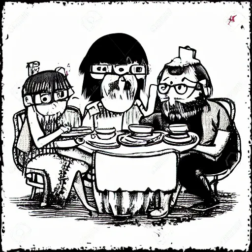 Prompt: tiny imaginary creatures having tea party inside a humans beard. in a style of hayao miyazaki.