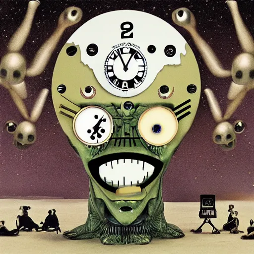 Image similar to man with alien clock eyes album cover