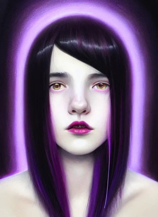 Image similar to portrait of teenage girl with white bangs, red irises, black hair, purple clothes, white bangs, bangs are different color from hair, intricate, front of hair is white rest is black, elegant, glowing lights, highly detailed, digital painting, artstation, concept art, smooth, sharp focus, illustration, art by wlop, mars ravelo and greg rutkowski