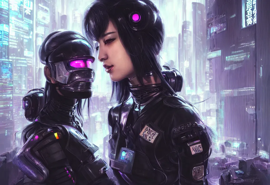 Image similar to portrait holy dark grey hair of futuristic police girl, black armored uniform, at cyberpunk reflected tokyo night, ssci - fi and fantasy, neon light, intricate and very very beautiful, highly detailed, digital painting, artstation, concept art, smooth and sharp focus, illustration, art by tian zi and wlop and alphonse mucha