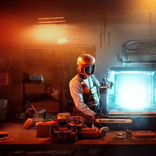 Image similar to cyborg toaster oven repairman, dark messy smoke - filled cluttered workshop, dark, dramatic lighting, orange tint, sparks, plasma rays, cinematic, highly detailed, sci - fi, futuristic, movie still