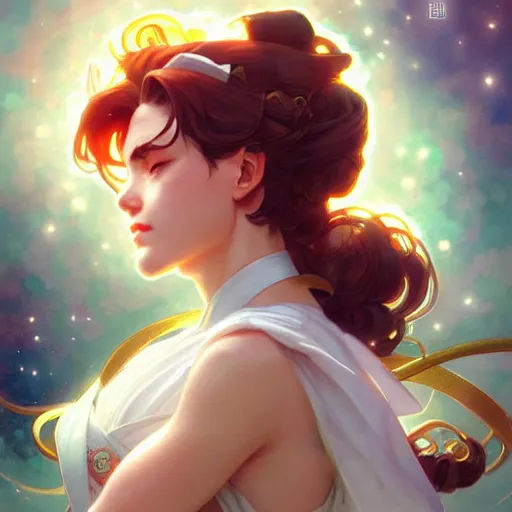 Image similar to Sailor Jupiter, fantasy, intricate, elegant, highly detailed, digital painting, artstation, concept art, matte, sharp focus, illustration, art by Artgerm and Greg Rutkowski and Alphonse Mucha