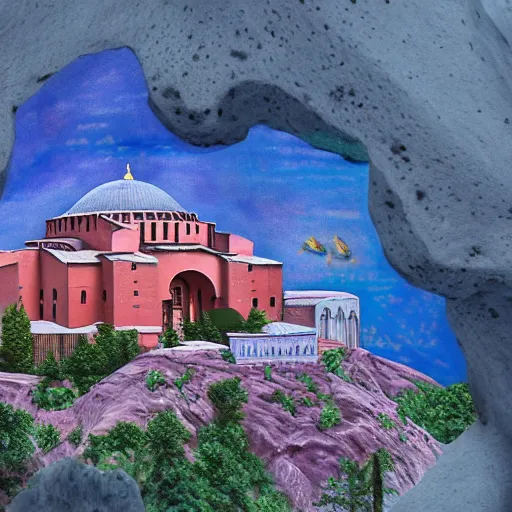 Prompt: a highly detailed painting of the hagia sophia and the done of the rock in a vaporwave style, ultrawide lense, aerial photography, unreal engine, exquisite detail, 8 k, art by brandon sanderson and robert jordan