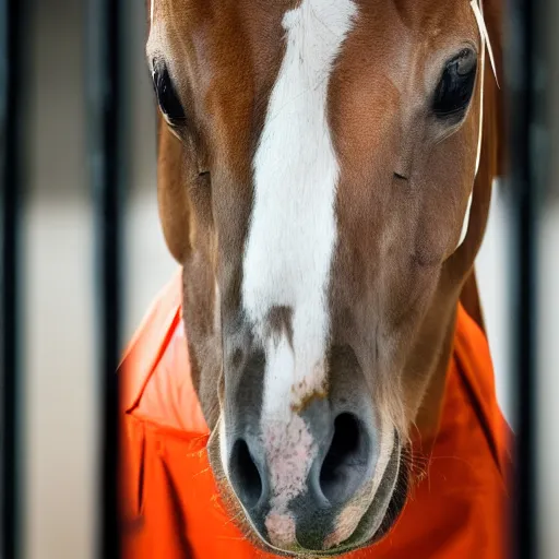 Image similar to horse with orange inmate clothes, in a jail