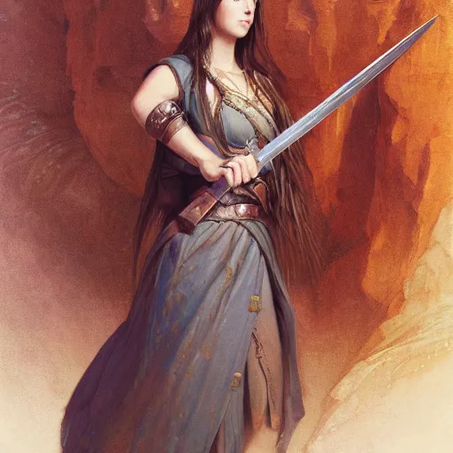 Image similar to artstation concept of a beautiful girl holding a sword in both hands, brown sweaty skin, symmetrical face, casual white garment, brown canyon background, shiny colorful, hyperdetailed, artstation trending, world renowned artists, worth1000.com, historic artworks society, antique renewel, cgsociety, by greg rutkowski, by Gustave Dore, Deviantart