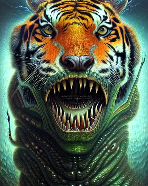 Image similar to a detailed portrait of dreampunk hybrid alligator ( tiger ) mix beautiful! ( radiation ) by tomasz alen kopera and peter mohrbacher