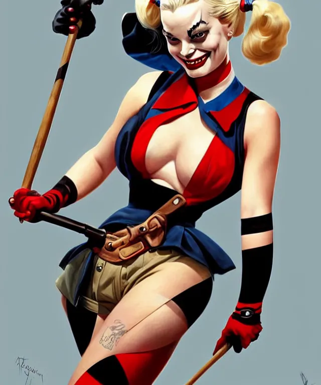 Image similar to 1940's pin-up Margot Robbie as Harley Quinn, fully dressed, with baseball bat, highly detailed, digital painting, artstation, concept art, smooth, sharp focus, illustration, art by artgerm and greg rutkowski and alphonse mucha