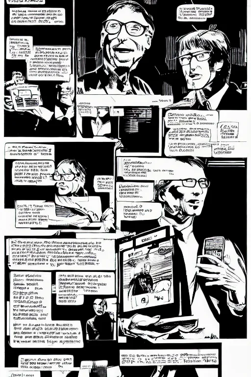 Image similar to bill gates presenting the microsoft xbox at ces 2 0 0 1, a page from cyberpunk 2 0 2 0, style of paolo parente, style of mike jackson, adam smasher, johnny silverhand, 1 9 9 0 s comic book style, white background, ink drawing, black and white