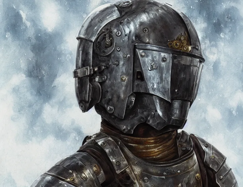 Prompt: a detailed portrait painting of a lone bounty hunter wearing combat armour and a reflective visor. Head and chest only. Dieselpunk elements. Movie scene, cinematic sci-fi scene. Flight suit, cloth and metal, accurate anatomy. Samurai influence, knight influence. fencing armour. portrait symmetrical and science fiction theme with lightning, aurora lighting. clouds and stars. Atmospheric. Clean design, smooth oil paint. Futurism by beksinski carl spitzweg moebius and tuomas korpi. baroque elements. baroque element. intricate artwork by caravaggio. Oil painting. Trending on artstation. 8k