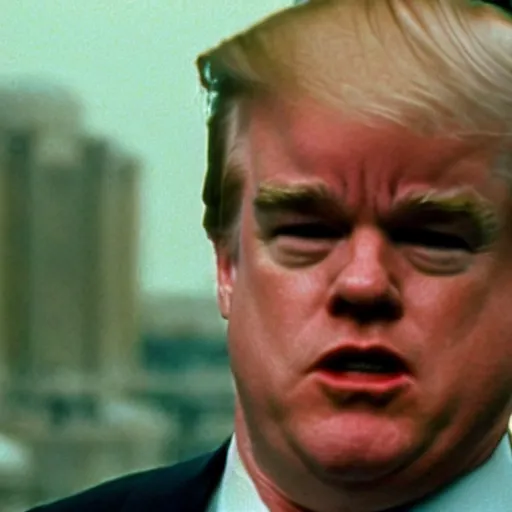 Image similar to philip seymour hoffman is donald trump, forest gump ( 1 9 9 2 ), cinematic shot
