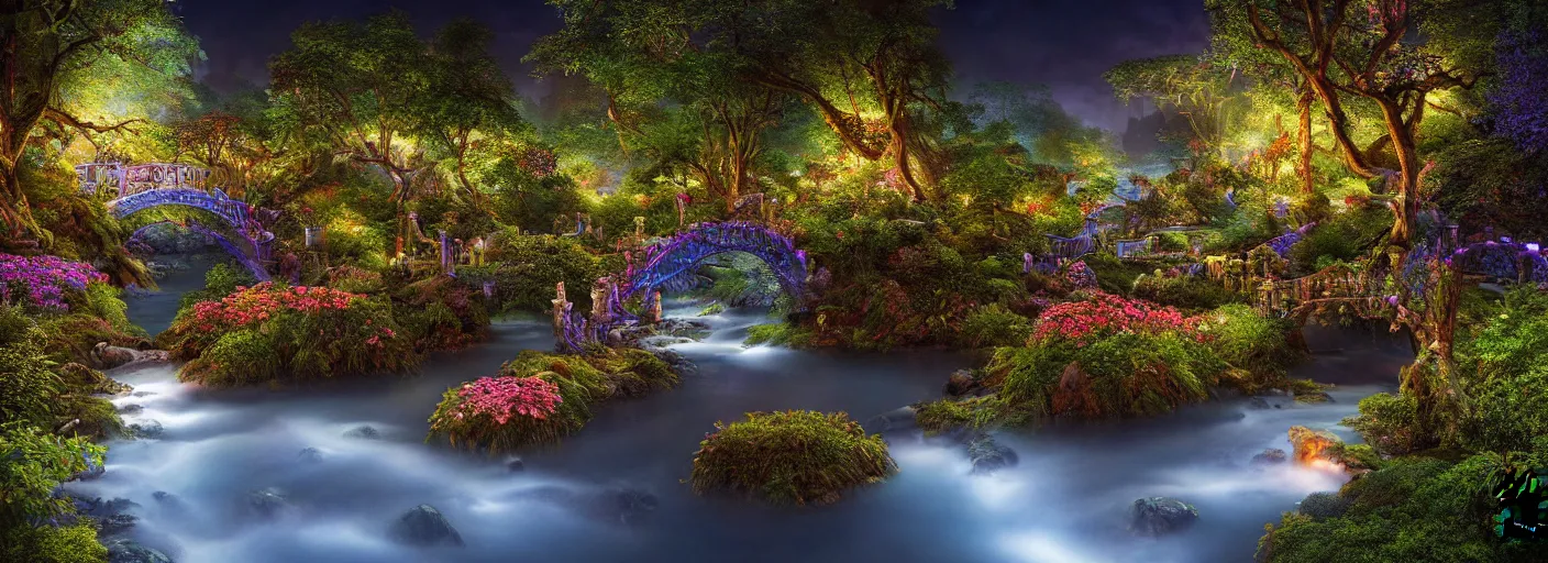 Prompt: photograph of enchanted garden, blue river in the middle, 1 glowing bridge crossing river, plants with intricate detail, by marc adamus, highly detailed, intricate detail, cinematic lighting