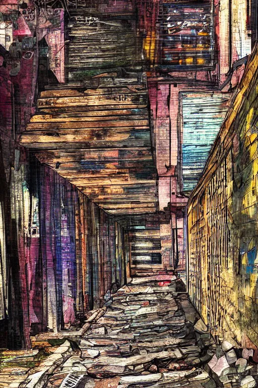 Prompt: a beautiful painting digital high detailed of a grungy back alley with wooden crates and dirt