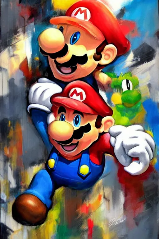 Image similar to abstract figurative rendition of super mario fighting bowser by'phil hale '!!! exaggerated lanky proportions, motion lines,'action lines '!!! graphic style, visible brush strokes, ( ( messy ) ) blurry