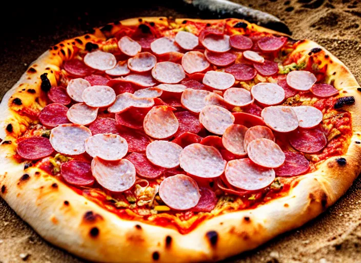 Prompt: clear highly detailed photorealistic food photograph of a wood oven cooked pizza with salami anchovies pepperoni lying on beach sand at sunset, waves next to it