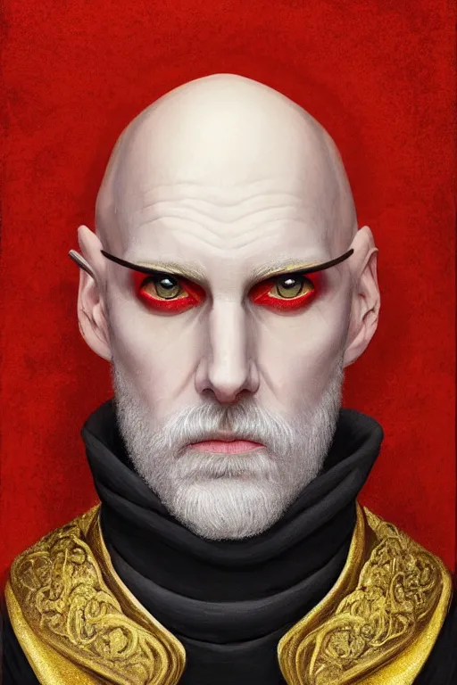 Image similar to a bald pale sorcerer in his late ninetees. stately and dour in his expression. eyeliner accentuates his sunken eyes. a high black turtleneck covers his thin neck. opulent white golden red robe, gold decoration, sharp focus, digital painting, illustration, art by magali villeneuve