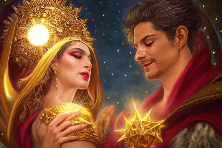 Image similar to close up moment of a divine a sun god and a moon goddess lovers magician at a wedding banquet, highly detailed, d & d, fantasy, highly detailed, digital painting, trending on artstation, concept art, sharp focus, illustration, art by artgerm and greg rutkowski and magali villeneuve